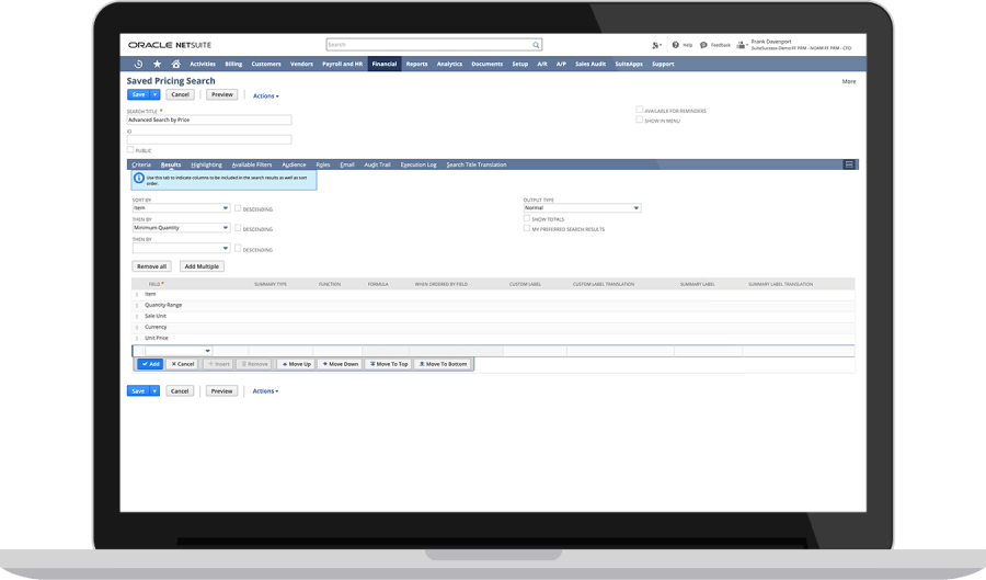 NetSuite Saved Search sample screen