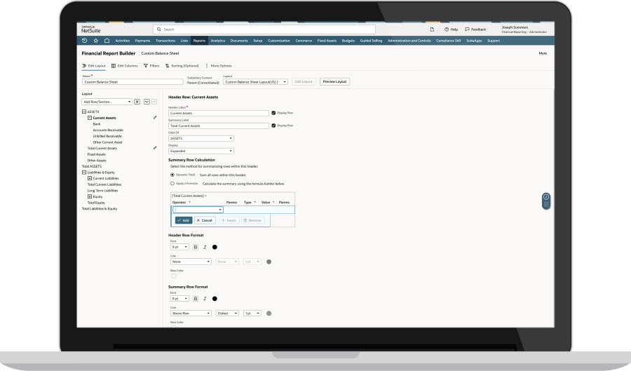 Configurable Financial Reports dashboard.