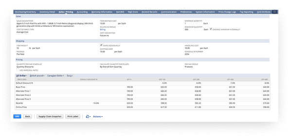 Screenshot of NetSuite dashboard showing multiple pricing feature.