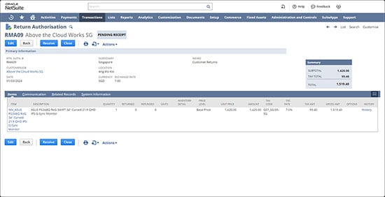 NetSuite Returns Management dashboard