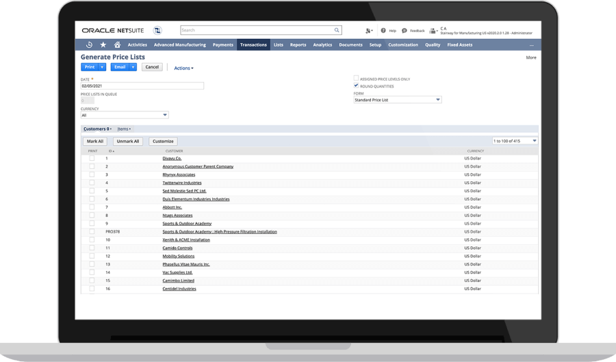 NetSuite Dashboard. Screenshot.