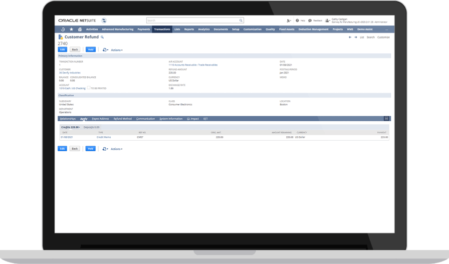 Customer Refund Management dashboard on NetSuite