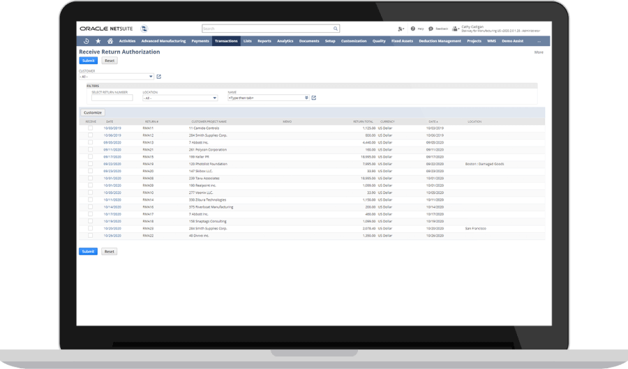 Return Merchandise Authorisation Management dashboard on NetSuite