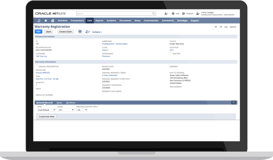 Warranty & Repair dashboard on NetSuite